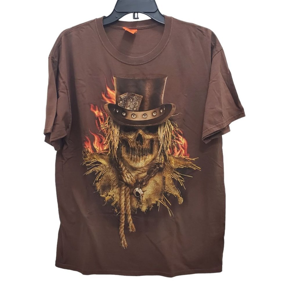 Happy Halloween Brown Fire Evil Scarecrow Horror Graphic Tee‎ Unisex Men's Sz L